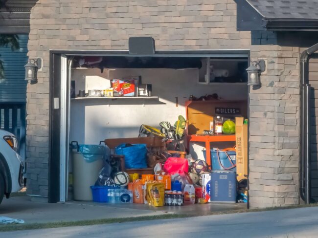 A sunlit garage stands open, revealing a clutter of household items, storage bins, hinting at a need for organization.